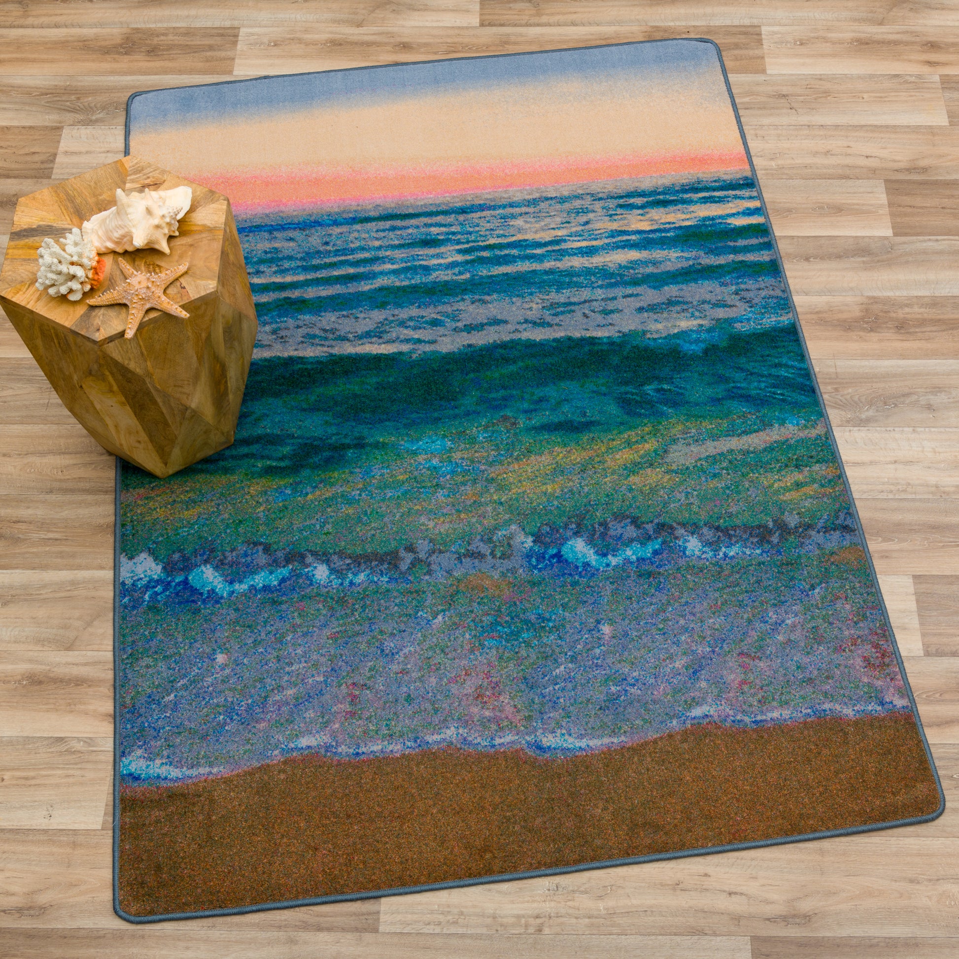 Beach Time - Distressed area rug showcasing a charming clock scene on a backdrop of distressed wood planks
